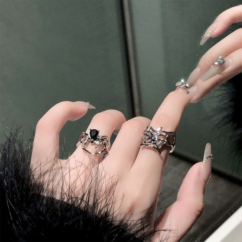 Unisex Adjustable Ring Dark Gem Diamond Spider Web Design Alloy Zodiac Ring for Women and Girls Elegant Everyday Wear