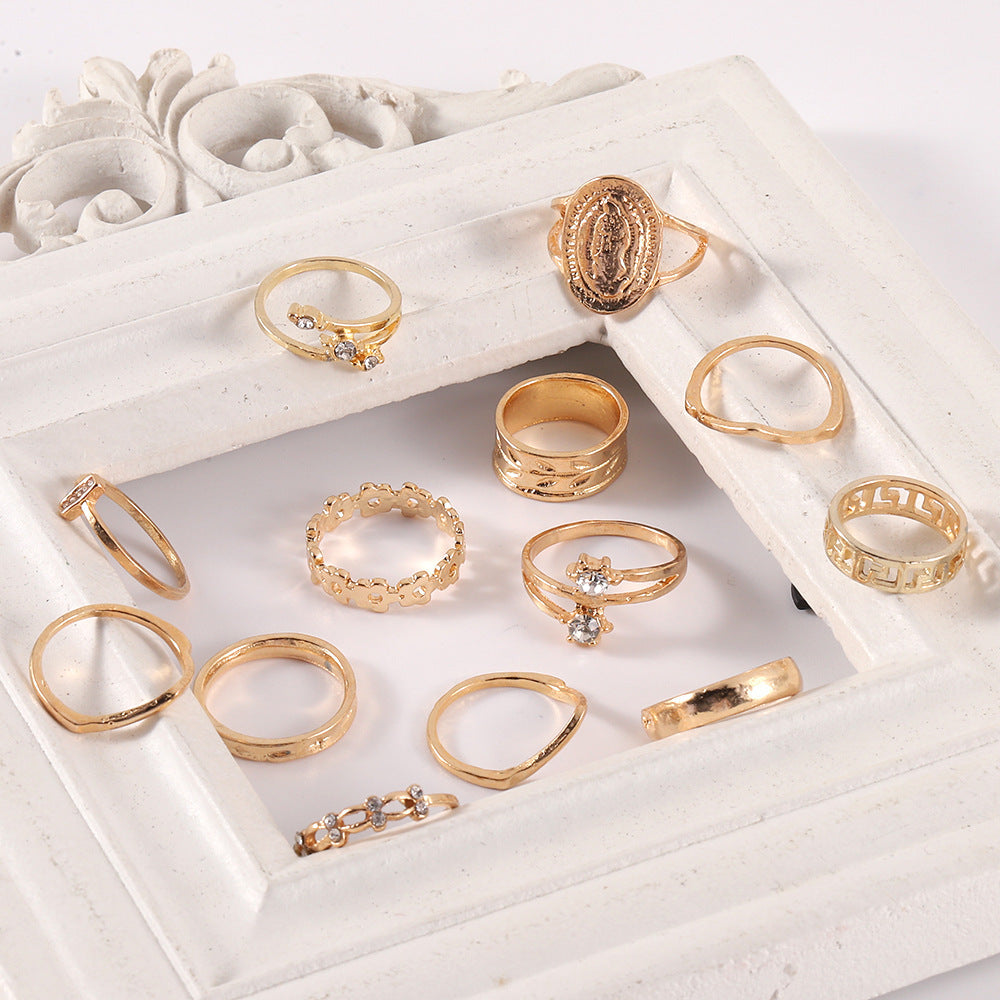 Womens Bohemian Rings Set Vintage Crystal Geometric Flower Leaf Rings Alloy Electroplated Jewelry Set Of 13 Pieces