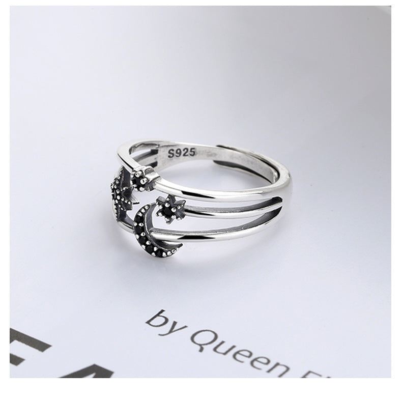 Sterling Silver Moon And Star Open Ring Vintage Geometric Design 925 Jewelry For Women Daily Wear Elegant Accessory