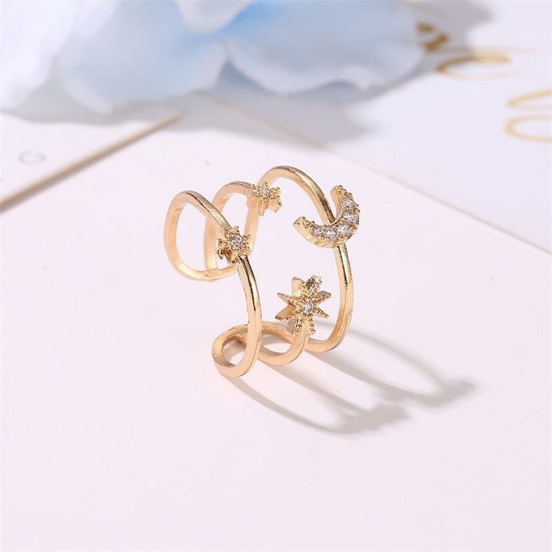 Hollow Star And Moon Ring Triple Layer European Copper Ring Electroplated Festival Jewelry Individually Packed