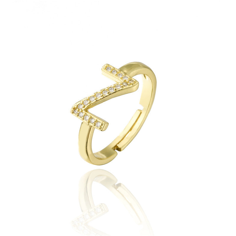 Adjustable Letter Ring Zircon Inlay Copper Jewelry