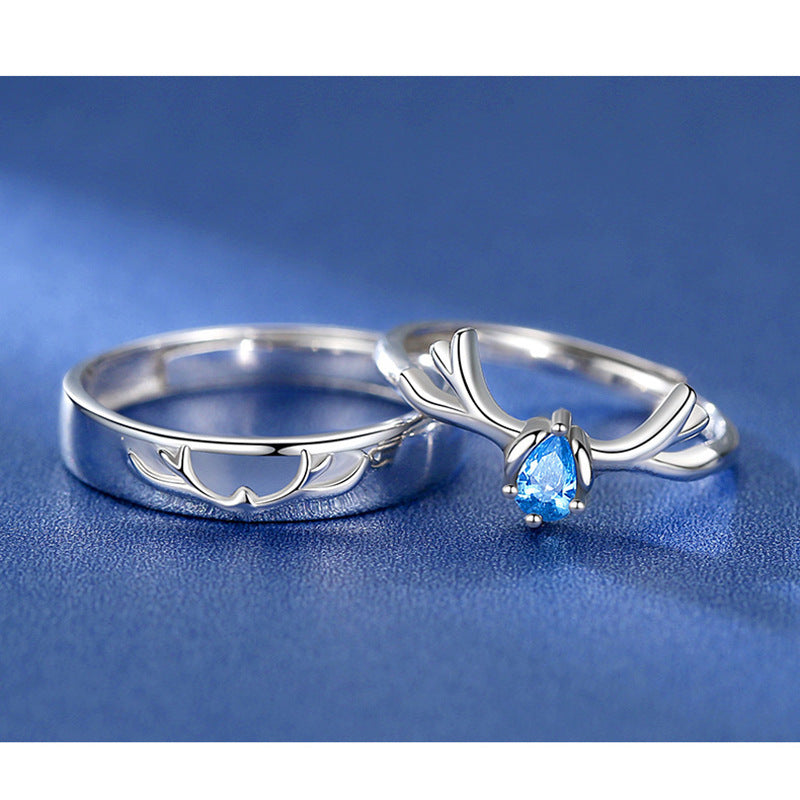 Sterling Silver Couple Ring Set Deer Design Adjustable Opening Matching Bands For Him And Her Promise Jewelry Gift