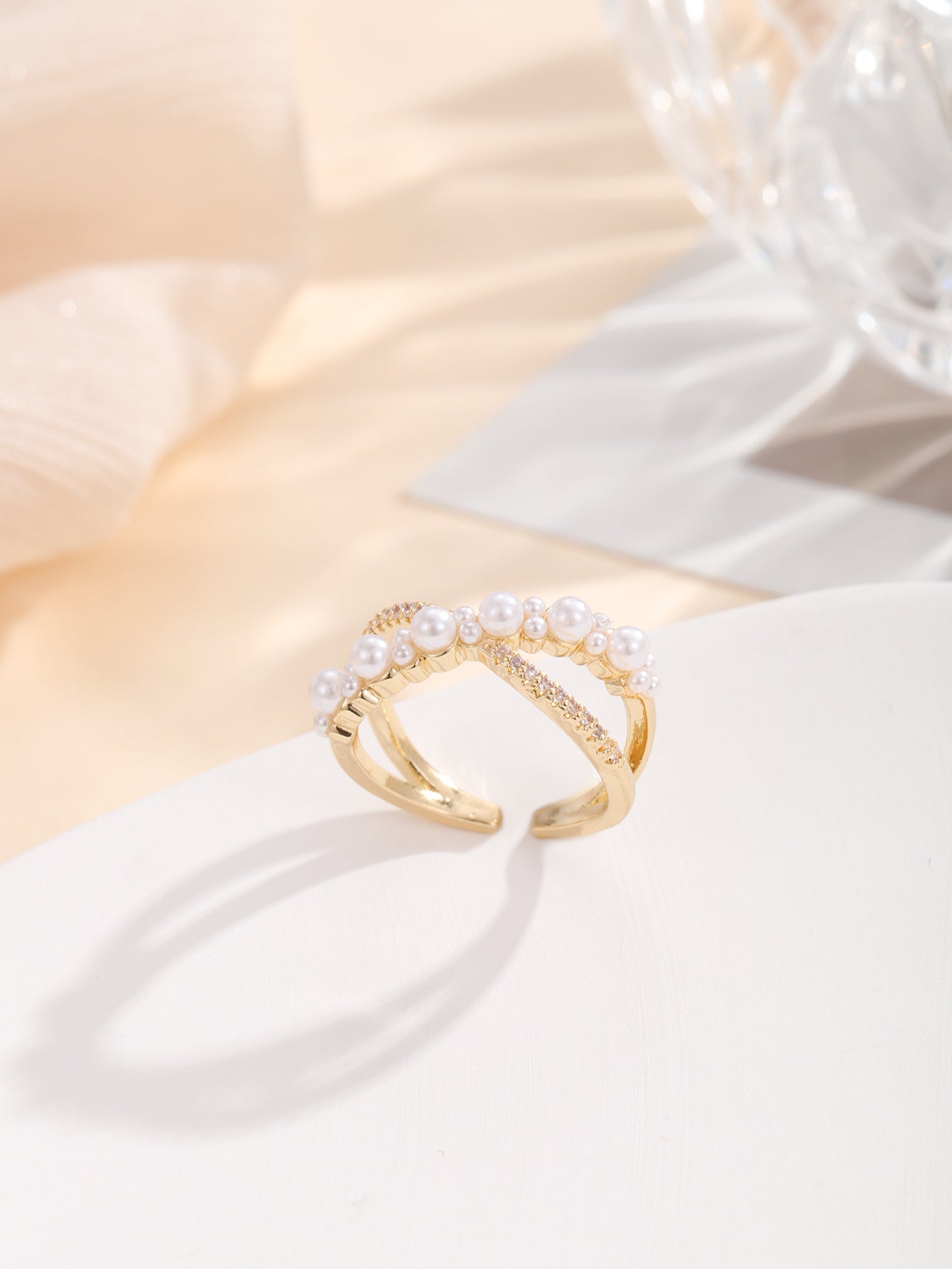 Womens Pearl Zircon Ring Geometric Copper Gold Plated