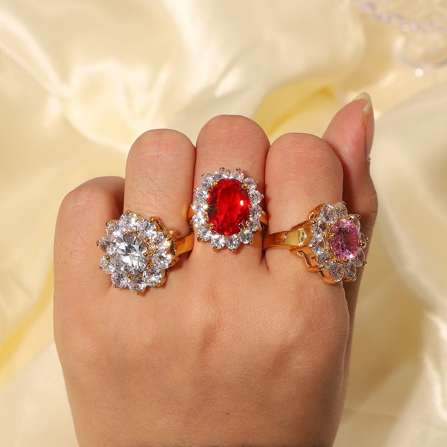 Womens Flower Ring Stainless Steel Zircon Inlay Oval Gem