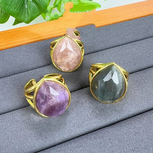 Amethyst Ring Drop Shaped Geometric Design Electroplated Unisex Bohemian Fashion Jewelry For Everyday Wear Collection