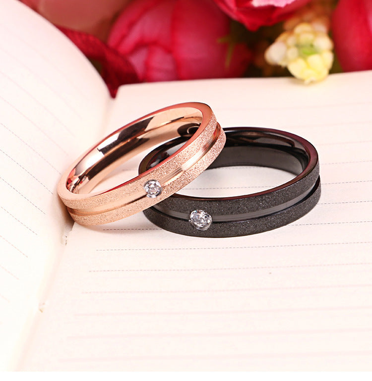 Unisex Zircon Inlay Titanium Steel Ring Rose Gold Black Bands Korean Japanese Promise Engagement Rings Durable