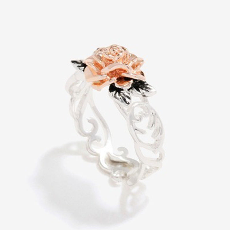 Womens Flowering Ring Silver And Rose Gold Electroplated Alloy Floral Ring With Gold Plated Gem Inlay European