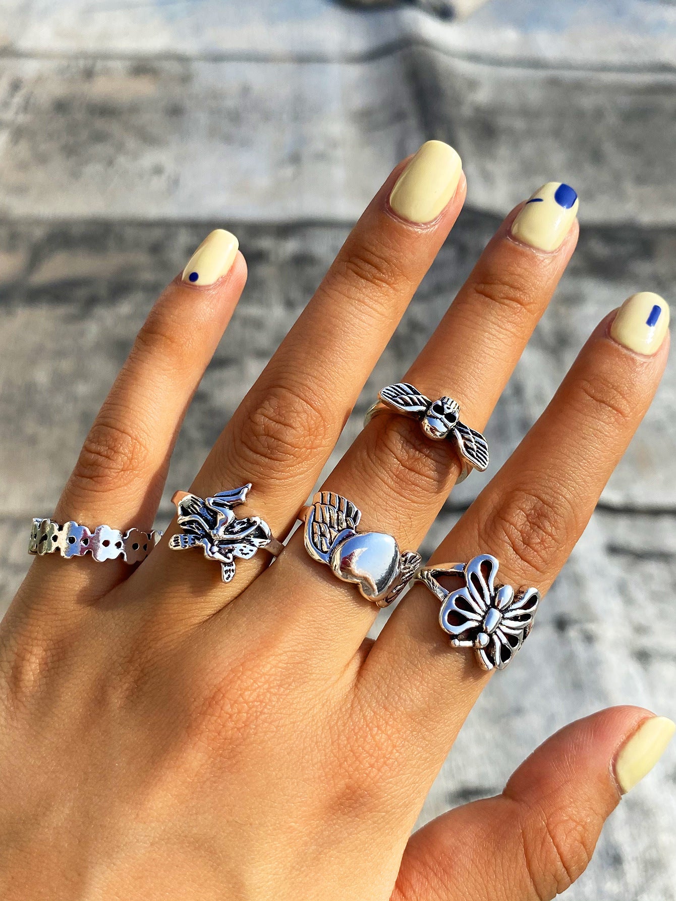 Womens Rings Set Punk Fashion Alloy Metal Rhinestone Skull Snake Retro Ethnic Geometry Statement Rings Jewelry