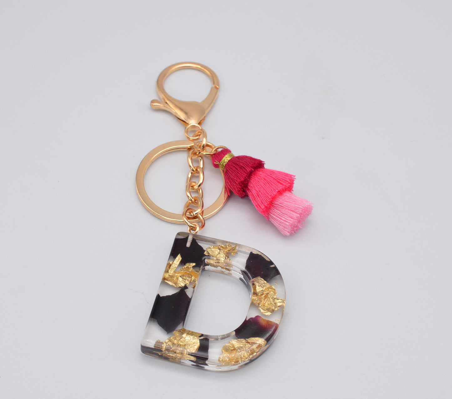 Resin Floral Keychain With Tassel Pendant Black Rose Design Durable Craftsmanship Initial Letter Bag Accessory