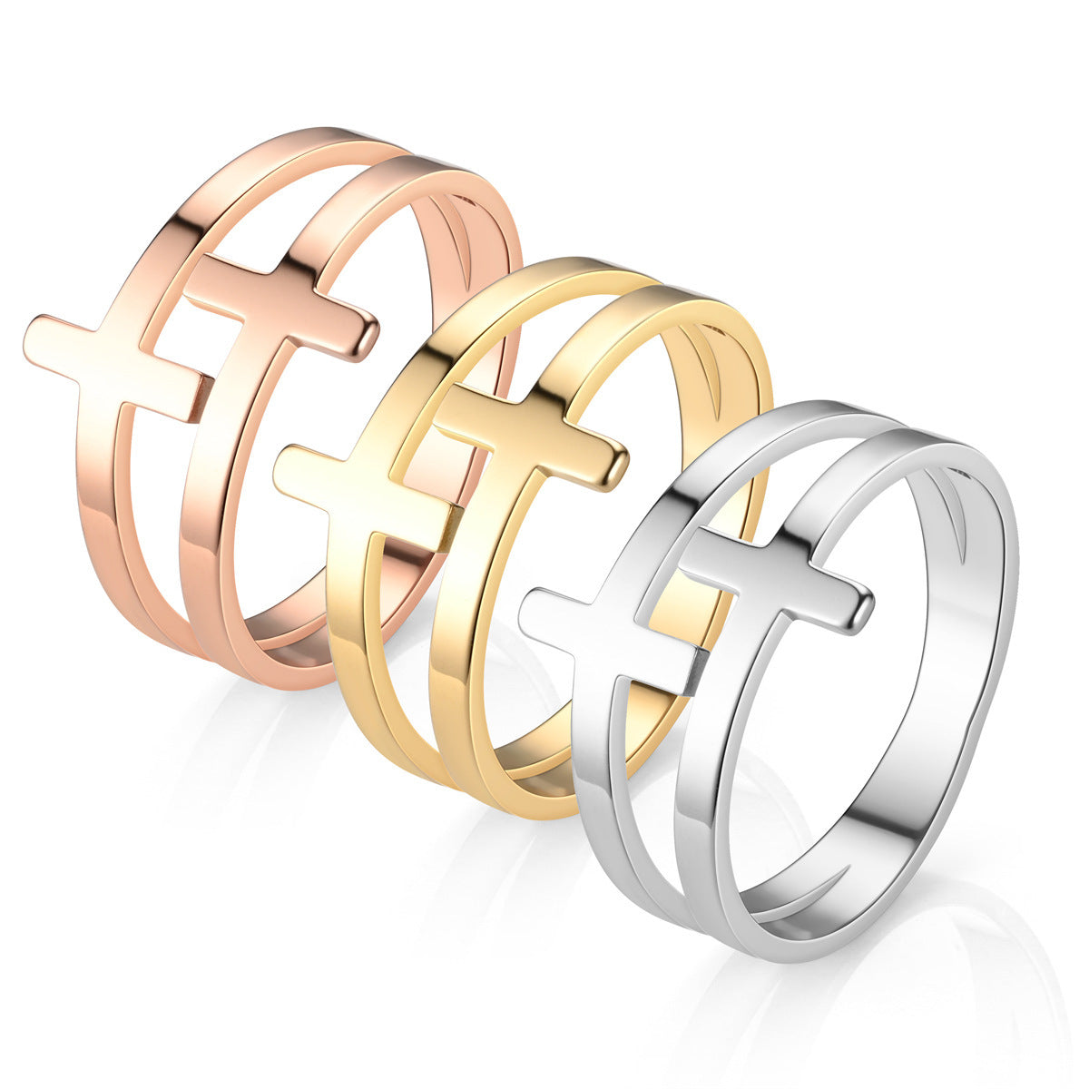 Womens Titanium Steel Cross Ring Geometric Design European American Metal Ring Steel Gold Rose Gold Ring Style