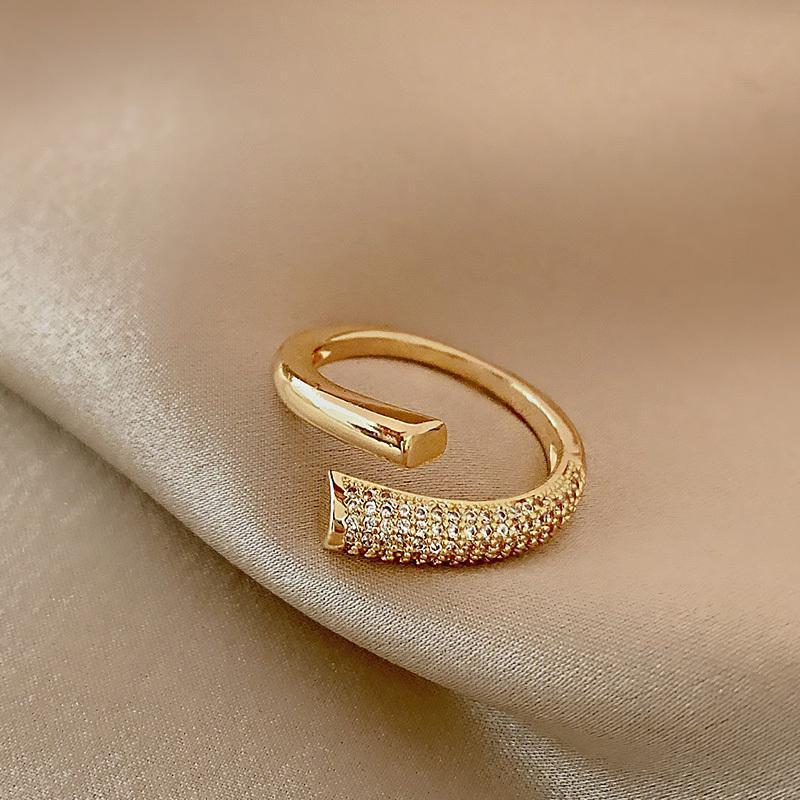 Womens Adjustable Geometric Ring Copper Electroplated Alloy With Inlaid Gemstone Japanese Korean Fashion Style