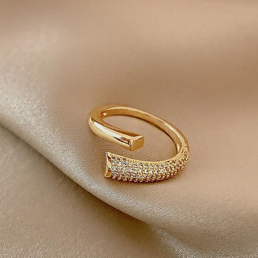 Womens Adjustable Geometric Ring Copper Electroplated Alloy With Inlaid Gemstone Japanese Korean Fashion Style