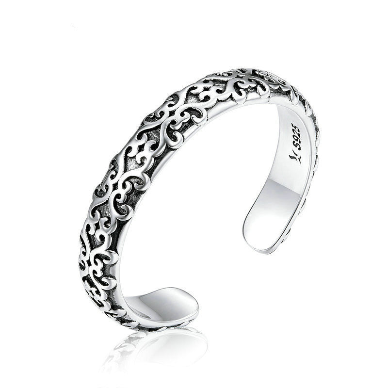 Womens Sterling Silver Adjustable Geometric Ring Vintage Pattern Design With Gem Inlay For Everyday Wear Sleek