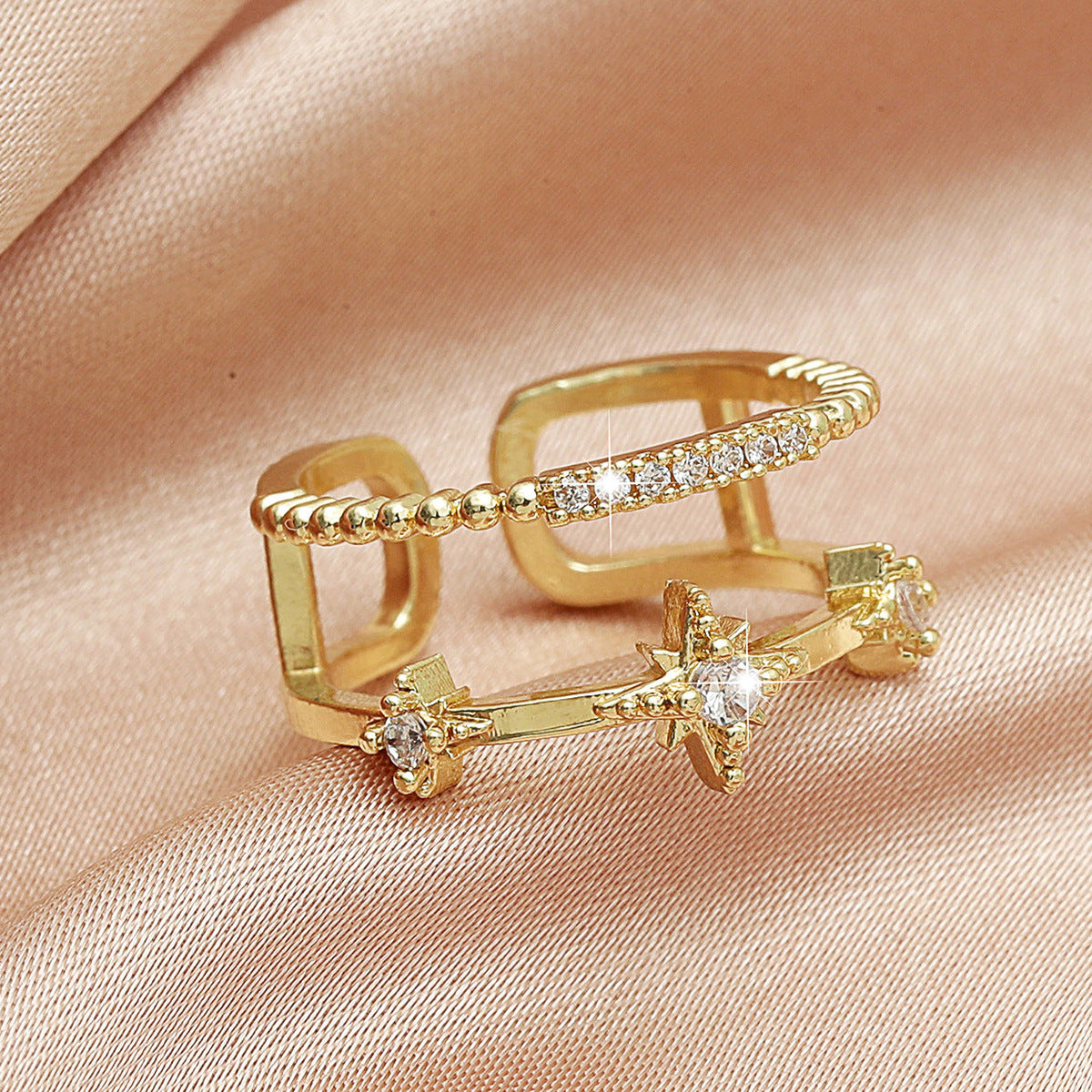 Womens Adjustable Open Ring Double Hexagram Korean Fashion Finger Ring Electroplated Copper Jewelry Gift Trendy