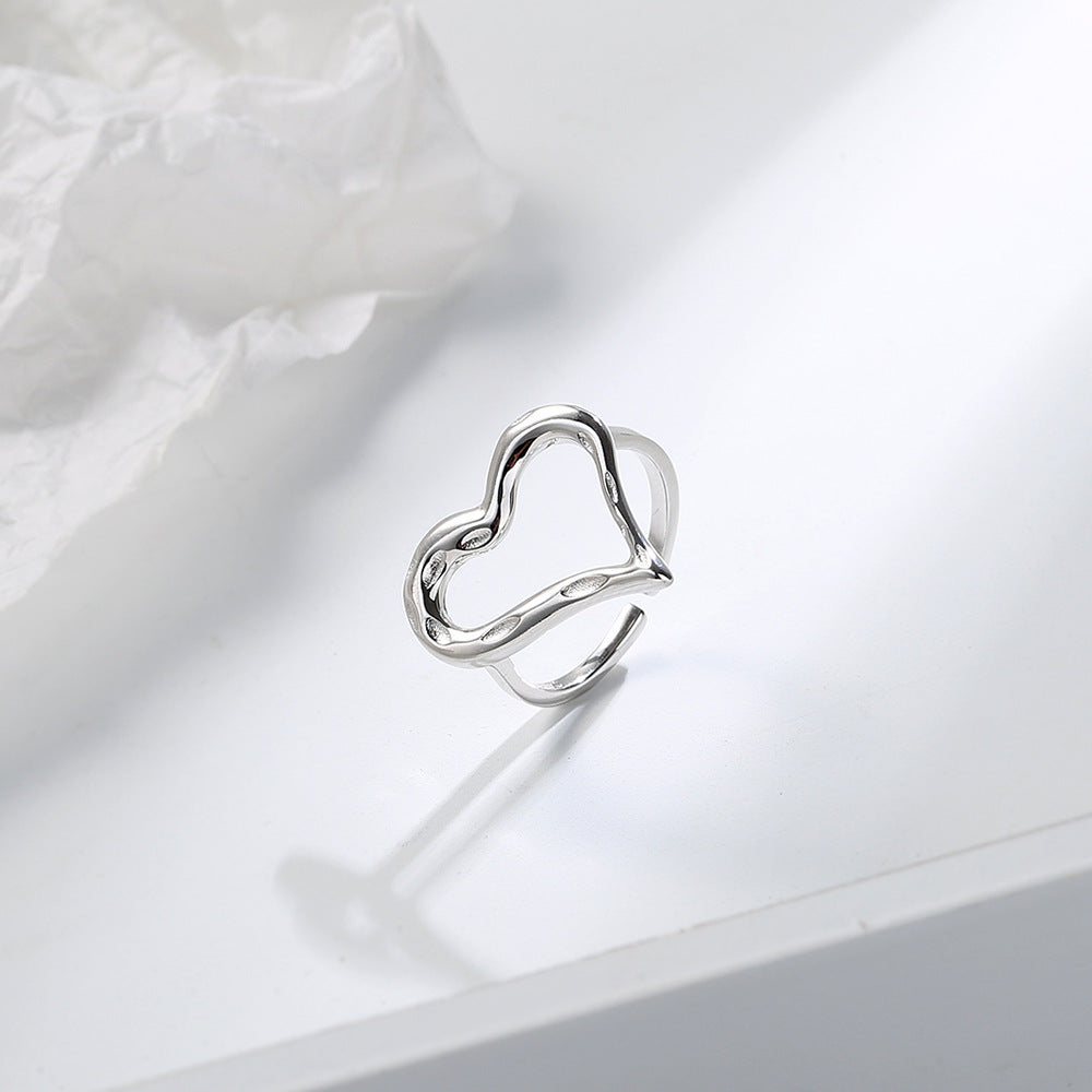 Sterling Silver Heart Ring For Women Korean Style Adjustable Opening Ring White Gold Plated 925 Simple Classic