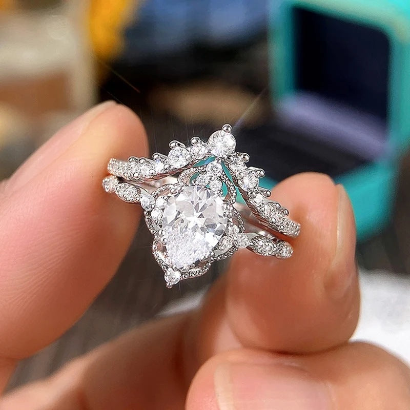 Water Drop Lace Crown Ring Set In White Gold Copper Finish For Women Geometric Crown RingsSet Sizes 6 7 8 9 10