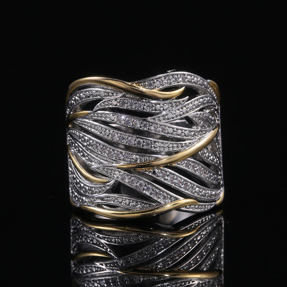 Womens Feather Ring Gold Plated With Sparkling Diamond Zircon Two Tone Finish Multi Layer Winding Design Feather