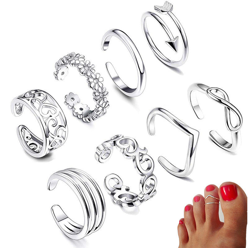 Womens Foot Rings Set With Rose Charm White Toe Rings Adjustable Opening Beach Jewelry Simple Band Ring Set for Women
