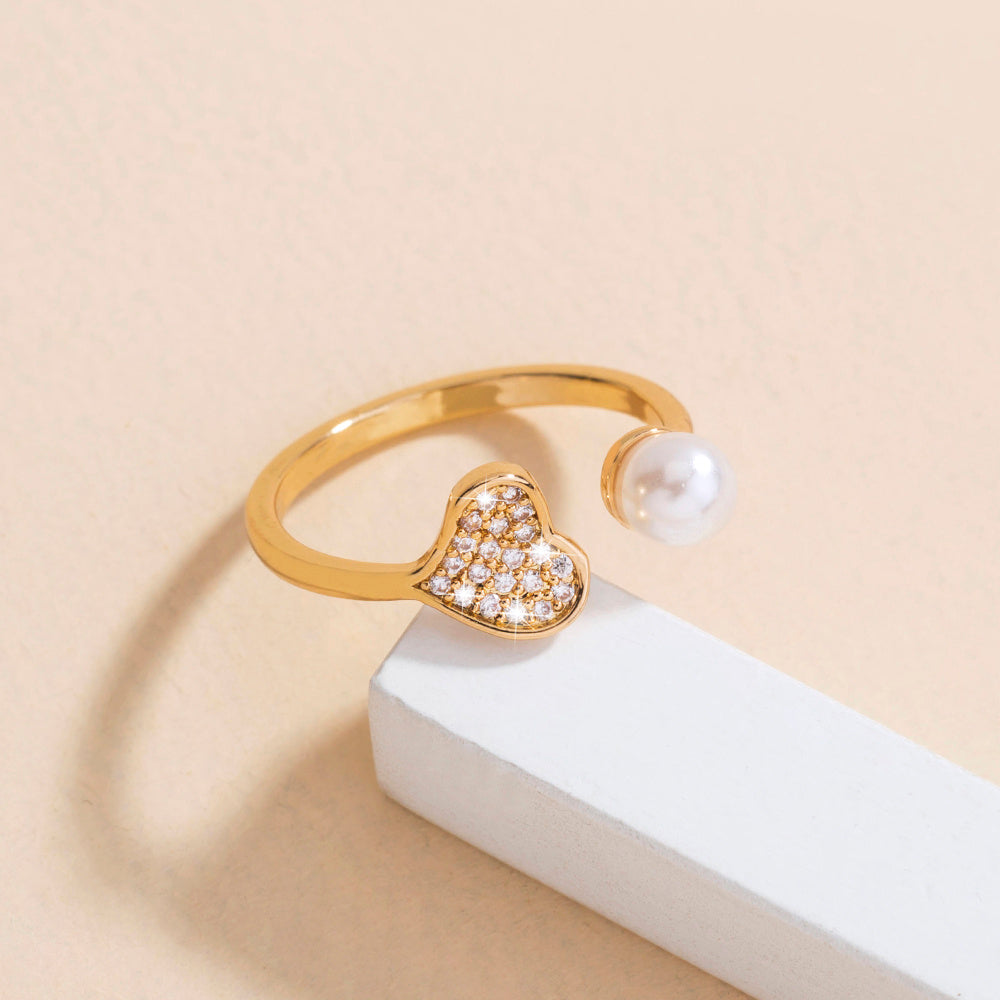 Heart Shaped Ring Adjustable Pearl Diamond Ring Copper Electroplating Pearl Jewelry for Women Girls Anniversary