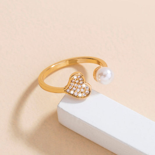 Heart Shaped Ring Adjustable Pearl Diamond Ring Copper Electroplating Pearl Jewelry for Women Girls Anniversary