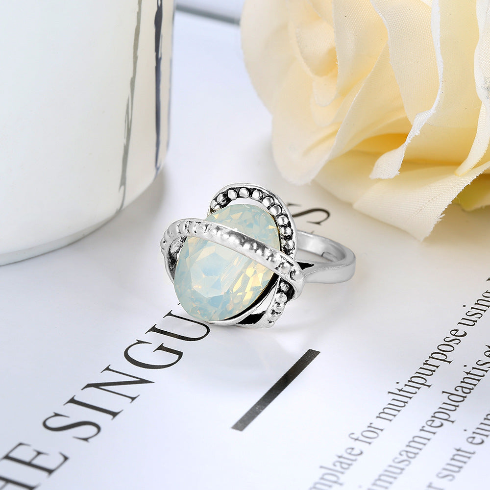 Womens Electroplated Alloy Ring With Opal Geometric Ethnic Design Retro Fashion Statement Jewelry Accessory Trendy