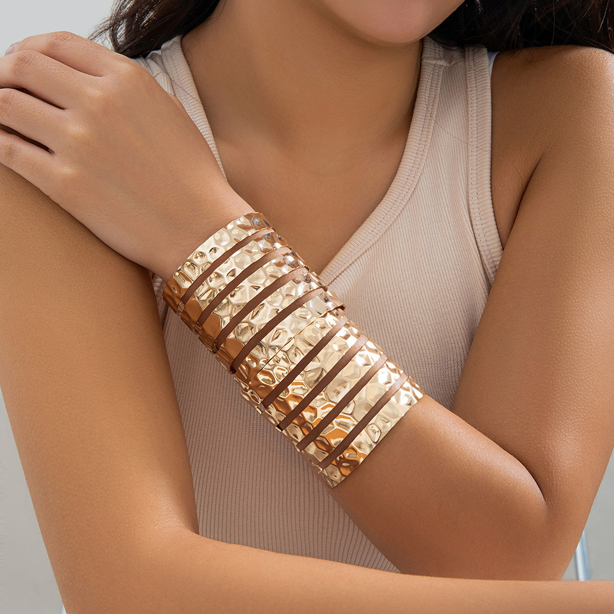 Womens Metal Bracelet Glossy Electroplated Finish Open Geometric Cross Design Irregular Element Fashion Bangle