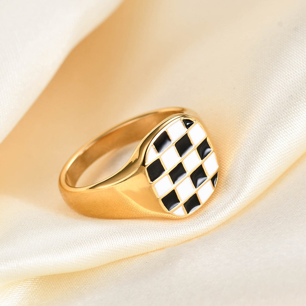 Square Black And White Checkerboard Gold Ring Titanium Steel Diamond Setting Gold Plated Inlaid Stones Size 6 7 8 9