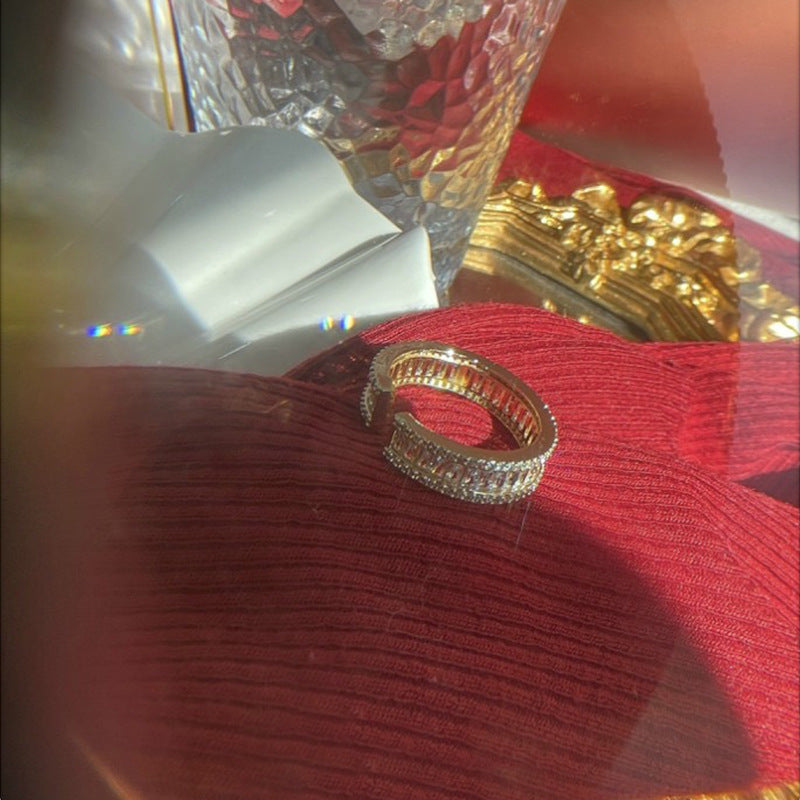 Womens Zircon Ring Adjustable Square Diamond Jewelry Korean Style Geometric Design Exquisite Fashion Gold Tone