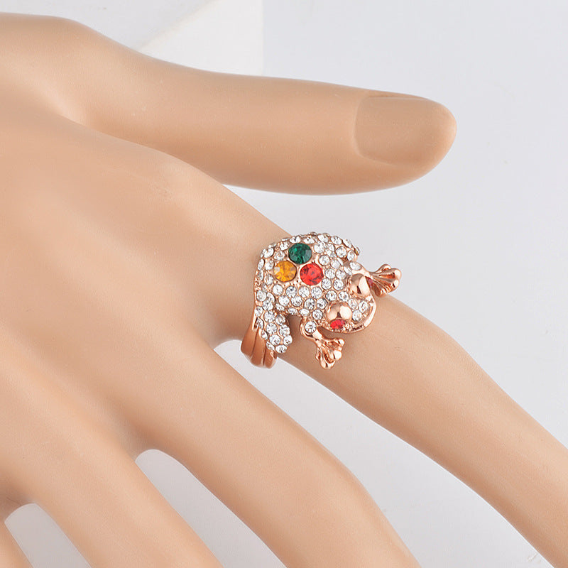 Womens Cute Frog Ring Rhinestones Inlaid Alloy Rose Gold Jewelry Polished Durable Animal Personality Accessory