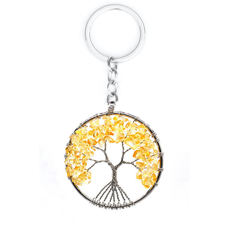 Tree Of Life Keychain Natural Crystal Copper Wire Pendant With Leather Rope For Keys Car Charm White 5cm 7 Colors