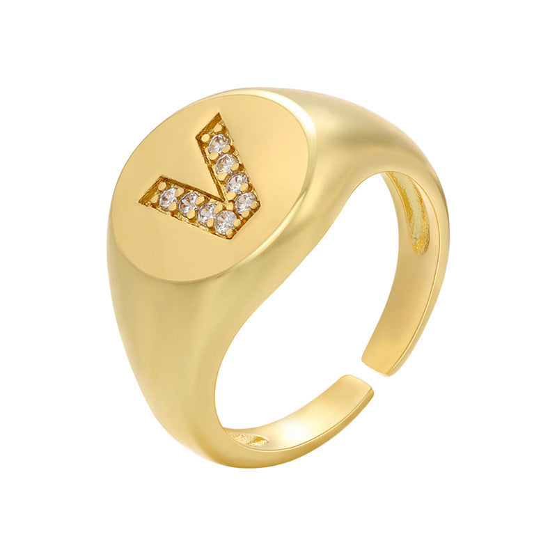 Women Adjustable Initial Ring Wide Band Gold Tone Diamond Accent Personalized Alphabet Jewelry Gift Daily Wear