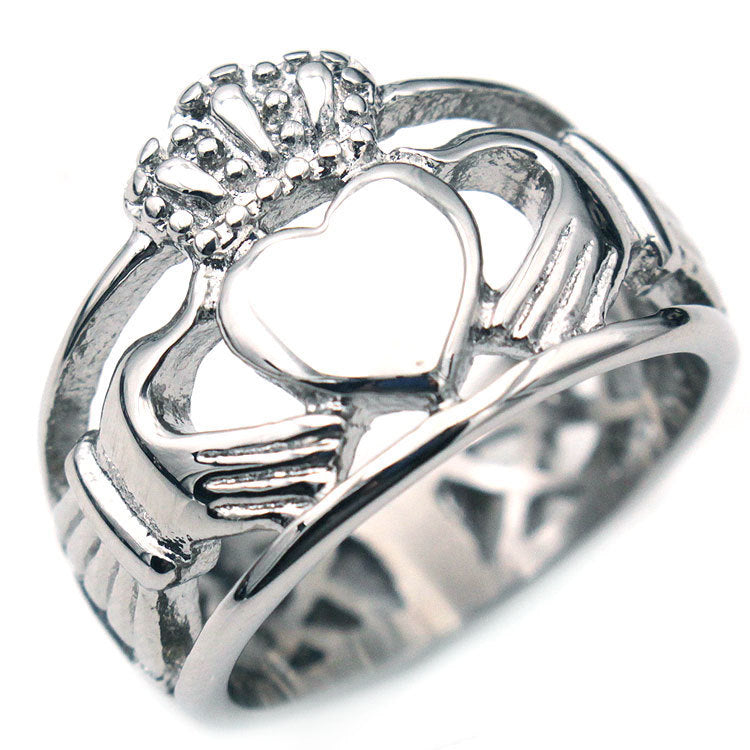 Unisex Titanium Steel Ring European And American Retro Domineering Design Wide Edge Hollow Hand Holding Crown Love Heart Ring for Men and Women