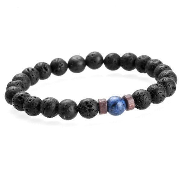 Unisex Volcanic Stone Beaded Bracelet With Alloy Inlay Gemstone Accent Fashion Jewelry Gift For Men MatteBlack