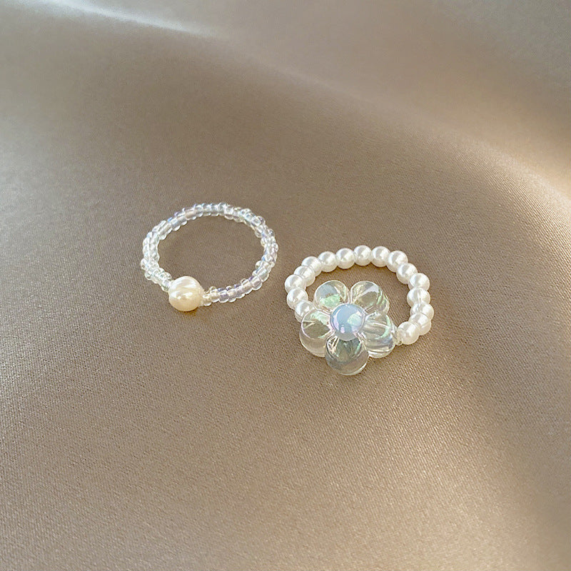 Womens Pearl Rings Set Of 2 Adjustable Elegant Acrylic Rings Elastic Rope Two Piece Ring Fairy Rings For Women