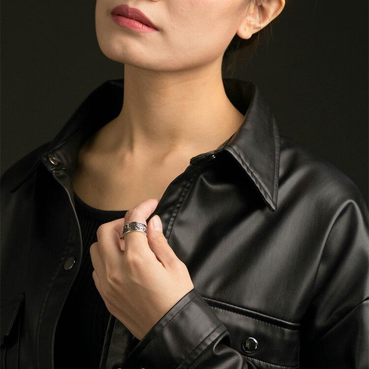 Womens Copper Ring Adjustable Vintage Geometric Shape European Retro Victory Letter Dark Vintage Fit 10mm Open