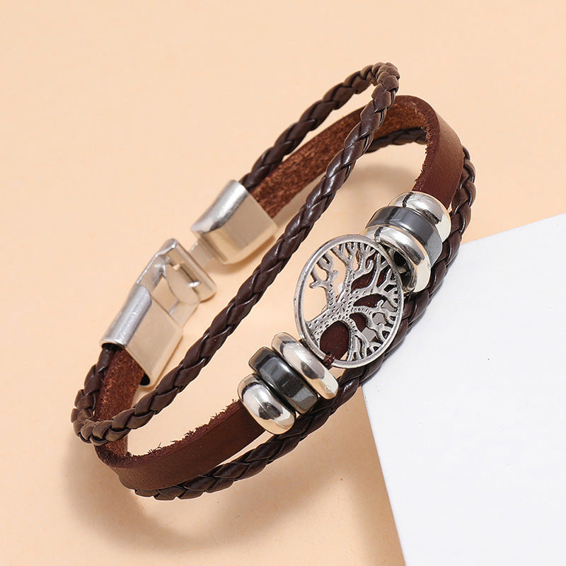 Mens Braided Faux Leather Bracelet With Lucky Tree Design European Buckle Black And Brown Wristband 21 cm Casual