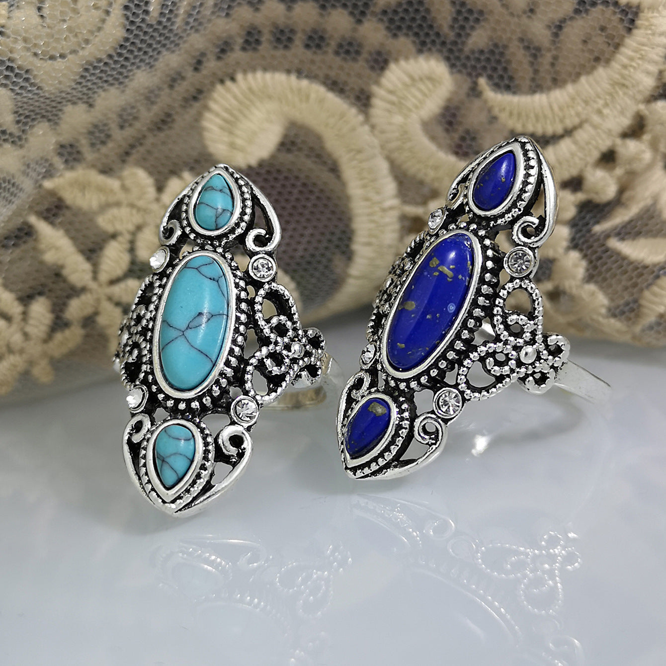 Silver Openwork Turquoise And Lapis Lazuli Rings Vintage Carved Geometric Design For Ladies Everyday Accessory