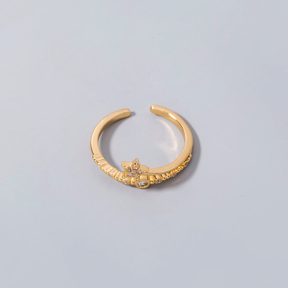 Womens Gold Pentagram Ring Copper Europe Inlaid Adjustable