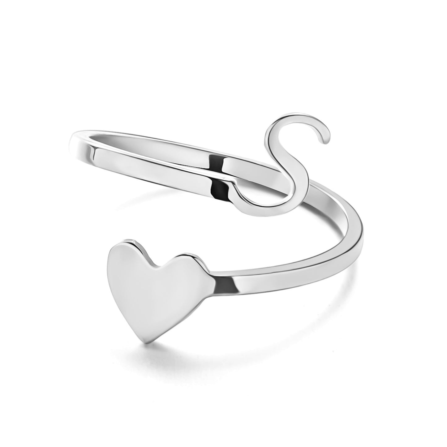 Womens Initial Letter Ring Adjustable Stainless Steel Heart Design 3D Open Heart Electroplated Fashionable Chic