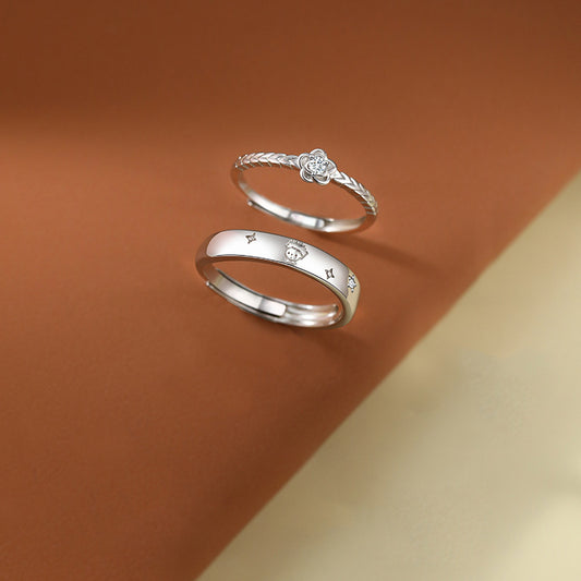 Sterling Silver Couple Rings Little Prince And Rose Matching Bands Adjustable Flower Korean Cartoon For Him And Her