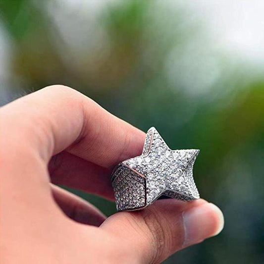 Men's Hip Hop Five Star Ring with Natural Zircon Inlay Gold Tone or Silver Tone Rock Jewelry Statement Ring for Men and Women Available in Multiple Sizes
