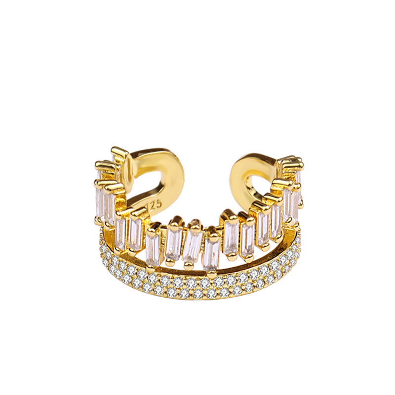 Women Double Ring Zircon Studded Irregular Rectangular Geometrical Silver Plated Fashion Jewelry Everyday Wear