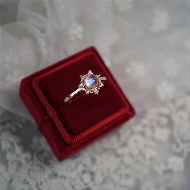 Womens Electroplated Copper Ring Moonstone Snowflake Design Sterling Silver Plated Fashion Ring Jewelry For Everyday Wear
