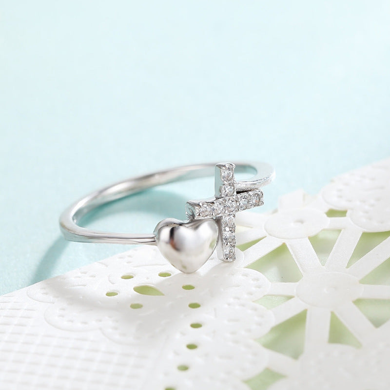 Sterling Silver Heart Ring With Cross Design For Women 925 Peach Jewelry Fashion Ring For Women And Girls Gift