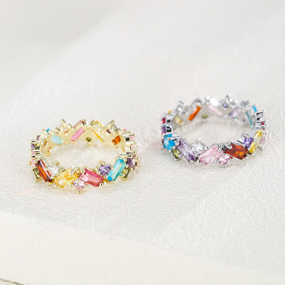 Unisex Irregular Rainbow Zircon Ring Geometric Copper Band Gold Tone Finish For Everyday Wear Sleek Modern Jewelry Gift