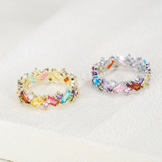 Unisex Irregular Rainbow Zircon Ring Geometric Copper Band Gold Tone Finish For Everyday Wear Sleek Modern Jewelry Gift