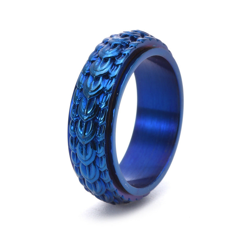 Dragon Scale Rotatable Ring For Men Titanium Steel Vintage Finish No 6 7 8 9 10 11 12 Geometric Rounder Design