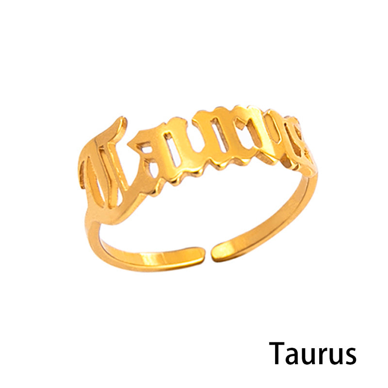 Stainless Steel Zodiac Sign Open Ring Adjustable Gold Letter Initial Ring for Women Lightweight Everyday Spark