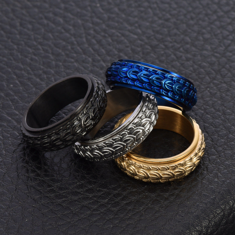 Dragon Scale Rotatable Ring For Men Titanium Steel Vintage Finish No 6 7 8 9 10 11 12 Geometric Rounder Design