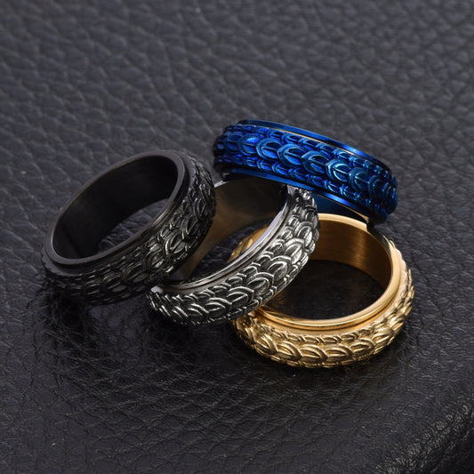 Dragon Scale Rotatable Ring For Men Titanium Steel Vintage Finish No 6 7 8 9 10 11 12 Geometric Rounder Design